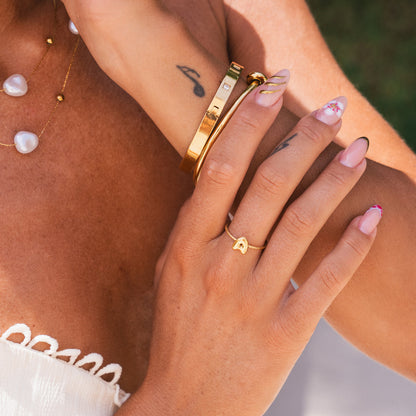 Bubble Initial Rope Chain Adjustable Ring - Gold
