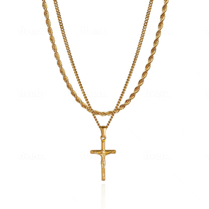 Cross Pendant Necklace X Rope Chain Full Set - Gold