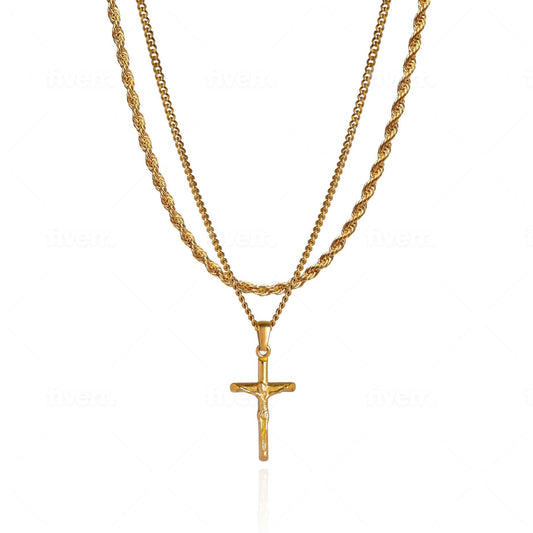 Cross Pendant Necklace X Rope Chain Full Set - Gold